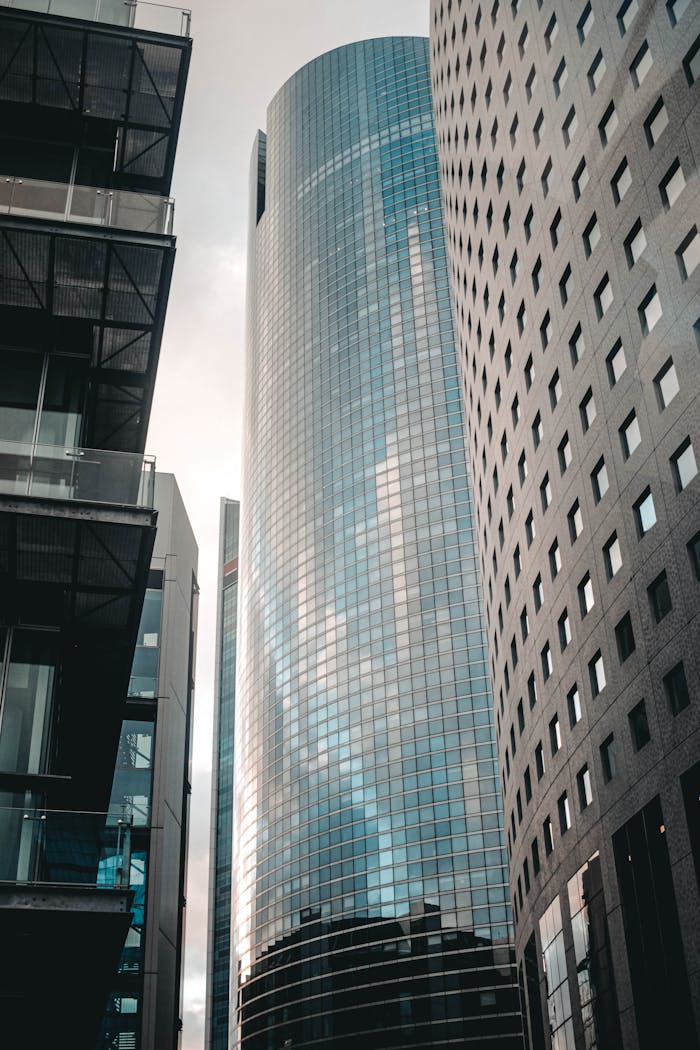 From below of contemporary futuristic office buildings located in city downtown in daytime